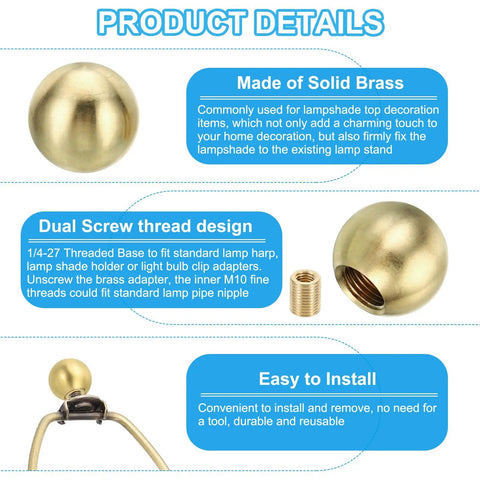 Brass Ball Lamp Finials Kit 17.5mm Solid Brass Shade Top Knob With Dual Thread 1 4 27 To M10 Adapter For Table And Floor Lamps