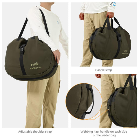 Wader Bag Foldable with Changing Mat and Shoulder Strap for Fishing Travel and Hunting; shown being carried by model.