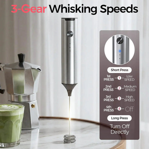 Rechargeable Milk Frother With Stand Handheld Coffee Frother Wand With Stainless Steel Whisk Electric Foam Maker shown with settings.