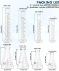 Dimensions and capacities of Must Have Glass Labware Starter Kit For Home Lab And Classroom Beakers, Flasks, and Cylinders displayed.