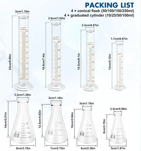 Dimensions and capacities of Must Have Glass Labware Starter Kit For Home Lab And Classroom Beakers, Flasks, and Cylinders displayed.