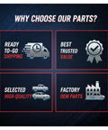 Product benefits include ready shipping, trusted value, high quality, and factory OEM parts.