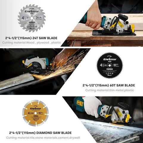 Enventor mini circular saw with three replacement blades (24T, 60T, diamond) from Amazon