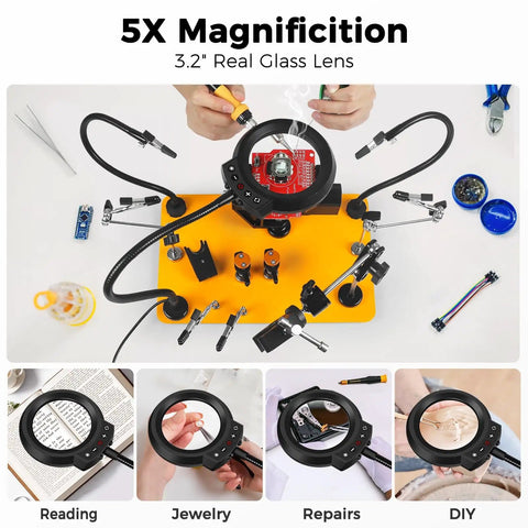 All-In-One Helping Hands Soldering Station With 5X Magnifying Lamp, Magnetic Flexible Arms, Vise on Workbench for DIY Electronics