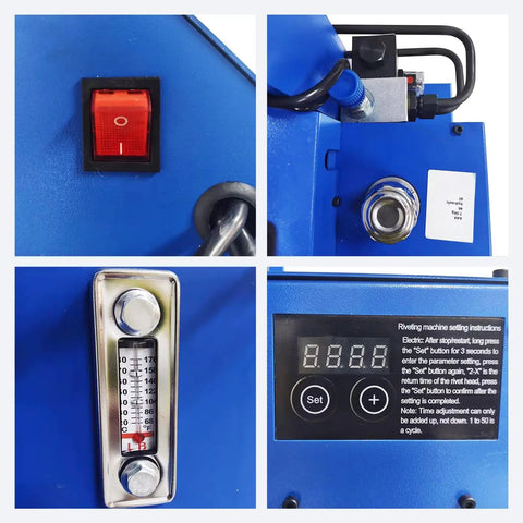 Control panel of Heavy Duty 220V Electric Riveting Machine With Pure Copper Motor showing switch, pressure gauge, and settings.