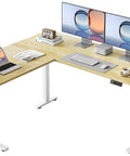 Game Changer L Shaped Standing Desk With Electric Height Adjustment, 63 By 55 Inch Reversible Corner Workspace, Natural Finish in home office setup.