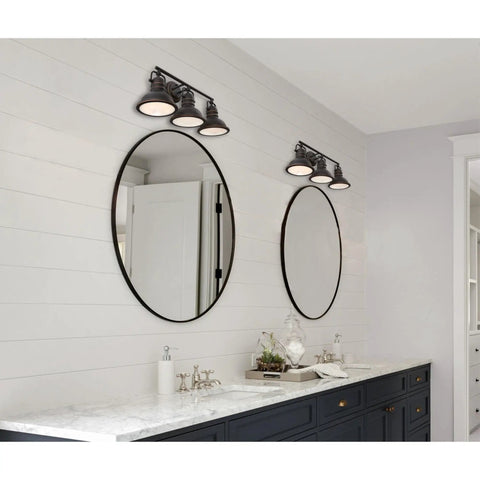Vintage Style Three-Light Indoor Vanity Light Fixture In Oil Rubbed Bronze With Highlights And Frosted Prismatic Acrylic Lens in bathroom