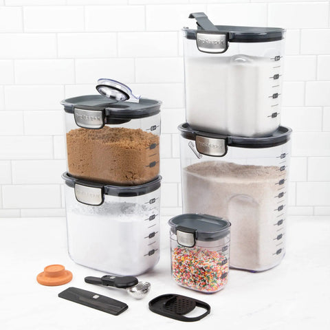 Clear Plastic Airtight Food Storage Canister Set For Flour And Sugar With Magnetic Accessories in grey, shown with contents