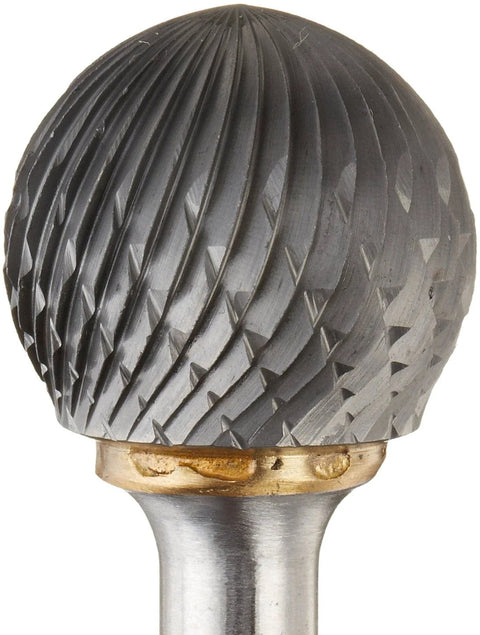 Carbide burr, ball-end, double-cut for die grinder; 1/4 in shank, close-up view