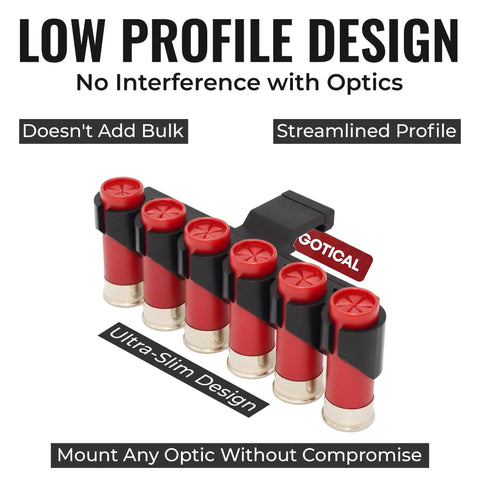 Six-Shell 12 Gauge Picatinny Side Saddle Shell Holder in low profile design with red shells, for fast access reloads.