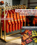Heavy Duty Double Row Rolling Garment Rack With Twenty Bars For Life Vests And Wetsuits Ventilated Drying Shelf displaying orange safety uniforms.