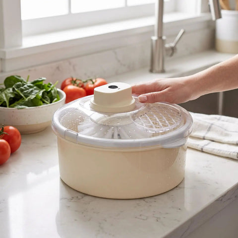 Straight Up Game Changer Electric Salad Spinner With Rapid Drain Tech That Cuts Water From Greens In Seconds on kitchen counter.