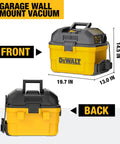 Heavy-Duty Wall-Mount Wet-Dry Vacuum For Garage And Shop, 6 Gallon Capacity, 5 Peak HP Motor, front and back views with dimensions