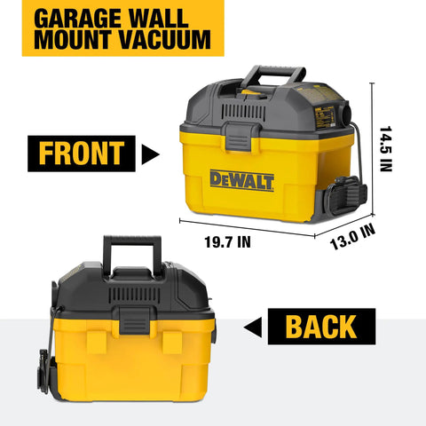 Heavy-Duty Wall-Mount Wet-Dry Vacuum For Garage And Shop, 6 Gallon Capacity, 5 Peak HP Motor, front and back views with dimensions