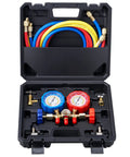 VEVOR 3-way AC manifold gauge set with blue and red gauges, 5 ft hoses, in a hard case (front view)