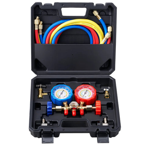 VEVOR 3-way AC manifold gauge set with blue and red gauges, 5 ft hoses, in a hard case (front view)
