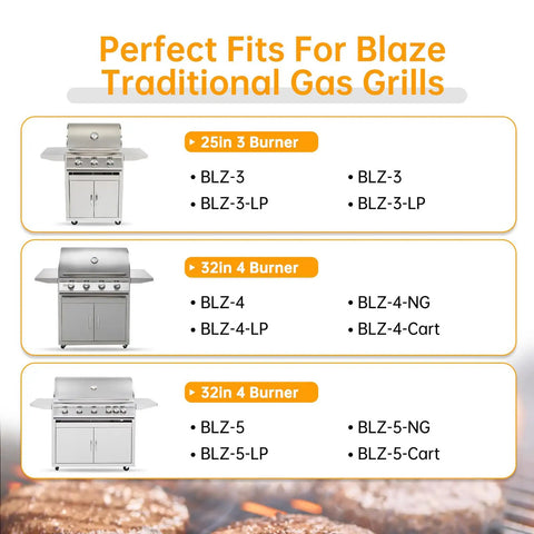 Image showing perfect fits for Blaze traditional gas grills with 25in and 32in options including model numbers.