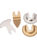 Four Pack Semi Circle Finger Segment Oscillating Saw Blades For Grout, Ceramics, And Masonry, shown in various angles and designs.