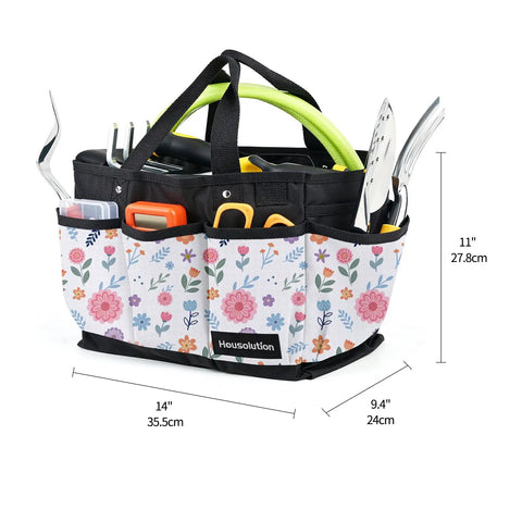Deluxe Garden Tool Tote Bag With Pockets, Wear Resistant Reusable 14 Inch Organizer, White Floral, tools inside
