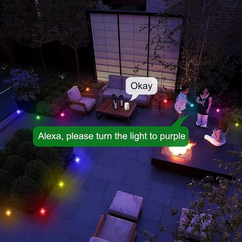 LED Deck Lights Kit Multicolor 20 Pack 1.22 Inch RGBW IC Smart Recessed Low Voltage 12V lights in an outdoor patio setting