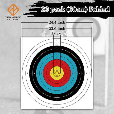 Pro Grade Backyard Archery Target Paper 20 Pack 23 Point 6 Inch 10 Ring Face showing detailed ring measurements and color rings