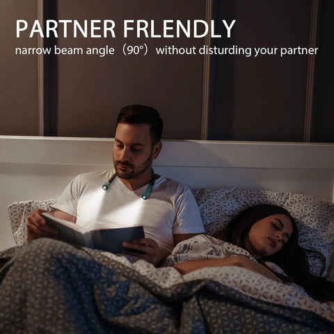 Man using Neck Reading Light For Reading In Bed Hands Free With 6 Brightness Levels And 360 Degree Flexible Arms while partner sleeps