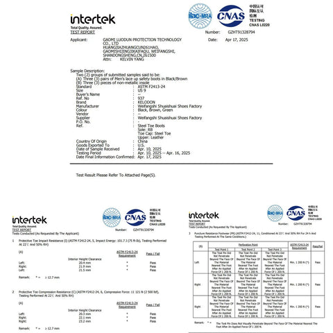 Certificate from Intertek for steel toe boots, detailing safety compliance, material, and manufacturing details in text.