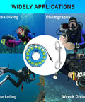 Finger Reel Diving Gear With Aluminum Reel And 100 Ft High Visibility Line used for scuba diving, photography, snorkeling, and wreck diving.
