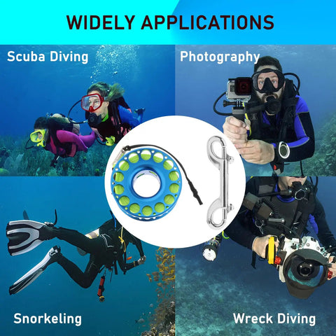 Finger Reel Diving Gear With Aluminum Reel And 100 Ft High Visibility Line used for scuba diving, photography, snorkeling, and wreck diving.