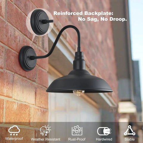 14 Inch Outdoor Gooseneck Barn Light Fixture Two Pack Black Matte Exterior Wall Sconce mounted on brick wall