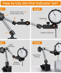 Dial Indicator 0-1 Inch With 0.001 Inch Resolution And Magnetic Base, On-Point Readouts, Secure Locking With Metal Limit Switch, 132 Lb And 60 Kg Hold, Ideal For Machining, Calibration, And Tight Tolerances. instruction image showing dial indicator set assembly steps