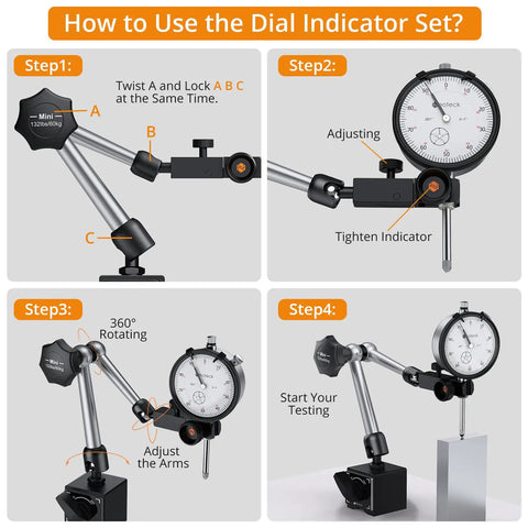 Dial Indicator 0-1 Inch With 0.001 Inch Resolution And Magnetic Base, On-Point Readouts, Secure Locking With Metal Limit Switch, 132 Lb And 60 Kg Hold, Ideal For Machining, Calibration, And Tight Tolerances. instruction image showing dial indicator set assembly steps