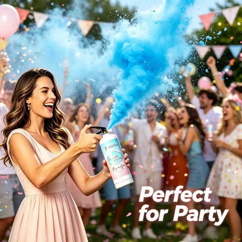 Massive Gender Reveal Fire Extinguisher Spray Two Pack Filled With Two Pounds Of Biodegradable Powder Smoke Cannon For Baby Boy Bash and Killer Photo Moments with blue powder cloud.