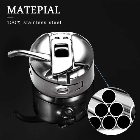 Sewing machine bobbin case, stainless steel, front view for front-loading 15-class machines