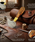 Damascus Steel Leather Cutting Knife With Round Head Blade And Wood Handle For Leather Fabric Vinyl And Crafts on leather sheath