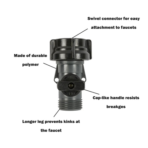 Full Flow Garden Hose Shut Off Valve in gray with rust proof nylon, cap type handle, swivel connector for easy faucet attachment.