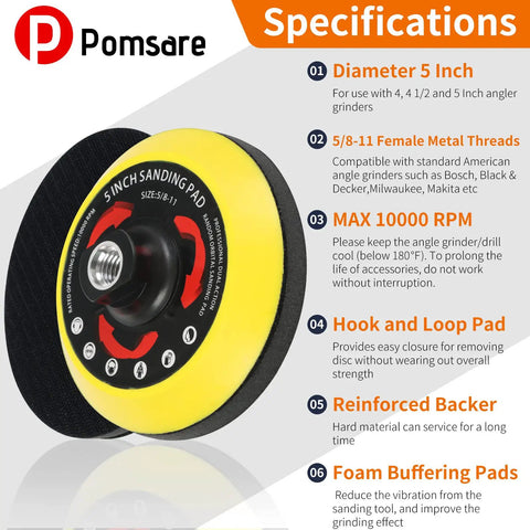 5 Inch Hook And Loop Backing Pad Kit To Turn Your Grinder Into A Sander With 80 Sanding Discs, highlighting specifications.