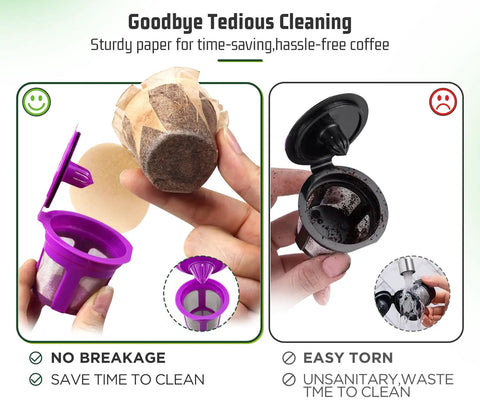 Comparison of eco-friendly disposable K Cup coffee filters with lid for Keurig vs. plastic pod, highlighting easy cleanup and durability.