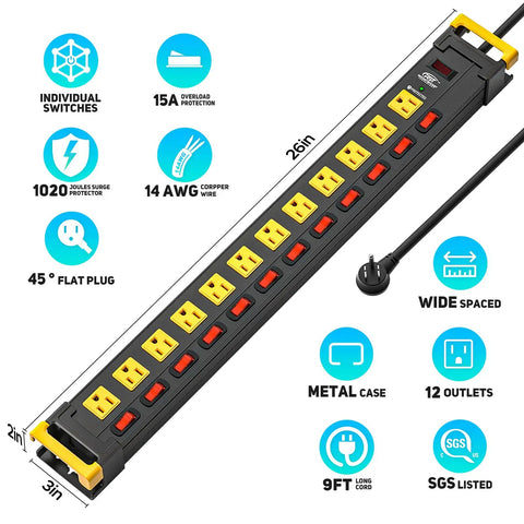 Heavy Duty 12-Outlet Metal Power Strip With Individual Switches, Wide Spacing For Bulky Plugs, 9 Ft Cord With Cable Management, 1020J Surge Protector