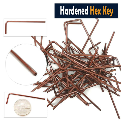 Pile of brown L-shaped hex keys, focus on detail; part of Hardened Pinion Gear Set For RC Cars 32P 0.8M Pitch With One Eighth Inch Hole.