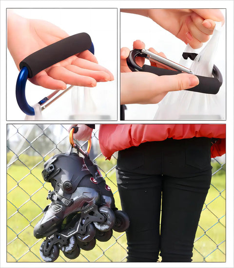 Three Pack 5.2 Inch Carabiner Stroller Hooks Dope Heavy Duty Clips for hanging bags and items on stroller handle, shown holding skates and bag.