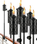 6 Pack Garden Torch With Universal Clamp, 16 Oz Citronella Oil Outdoor Torches, Metal Adjustable Patio Lights shown on porch railing.