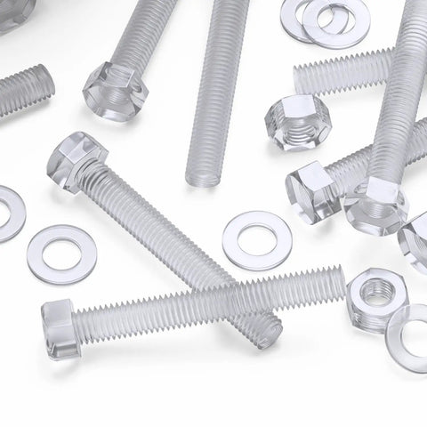 Kickass Clear Acrylic Hex Bolt Fastener Kit Paired With Nuts And Washers M8 X 60mm showcasing clear hex bolts, nuts, and washers.