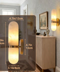 Golbasdena 13in Alabaster Wall Sconces, Gold Wall Lights Bulb Included mounted in a hallway with measurements displayed.