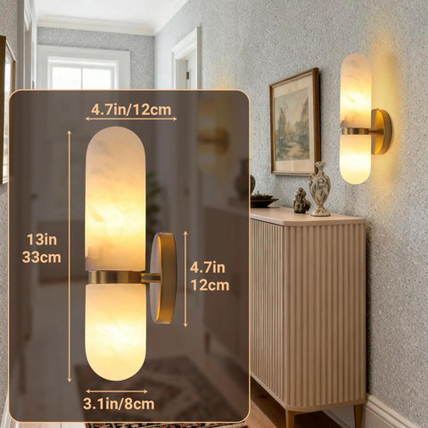 Golbasdena 13in Alabaster Wall Sconces, Gold Wall Lights Bulb Included mounted in a hallway with measurements displayed.