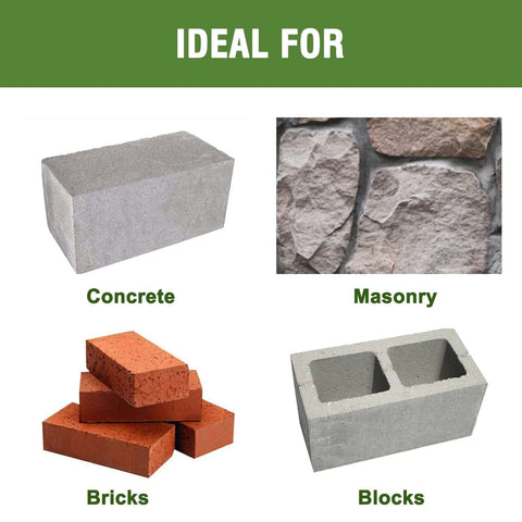 Masonry drill bit collage (4 items) showing concrete, masonry, bricks, and blocks