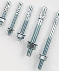 Five assorted zinc wedge anchors for concrete, different sizes, part of the Three Eighths By Four Inch Ten Piece Set Standard Fasteners