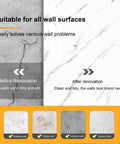 Before and after wall panel renovation showing damage and clean finish with Peel And Stick Contact Paper Self Adhesive Wall Panels For Tv Accent Decor Rock Solid Faux Tile Backsplash Quick Flip Home Makeover No Fuss Setup Smooth Operator Finish Do It Yourself Project.