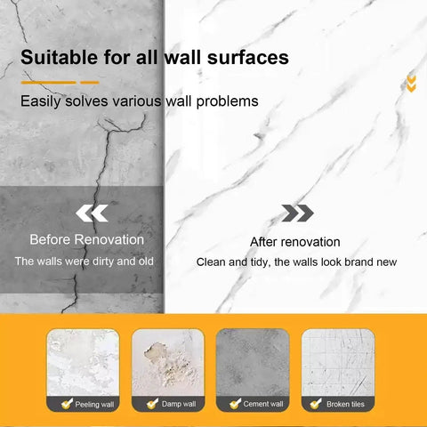 Before and after wall panel renovation showing damage and clean finish with Peel And Stick Contact Paper Self Adhesive Wall Panels For Tv Accent Decor Rock Solid Faux Tile Backsplash Quick Flip Home Makeover No Fuss Setup Smooth Operator Finish Do It Yourself Project.