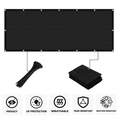 Black 3x16 Balcony Privacy Screen Made From HDPE UV Protected Fence Mesh Shade Net Cover with zip ties, blocks 95% sunlight